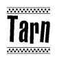 The image is a black and white clipart of the text Tarn in a bold, italicized font. The text is bordered by a dotted line on the top and bottom, and there are checkered flags positioned at both ends of the text, usually associated with racing or finishing lines.