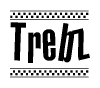 The image is a black and white clipart of the text Trebz in a bold, italicized font. The text is bordered by a dotted line on the top and bottom, and there are checkered flags positioned at both ends of the text, usually associated with racing or finishing lines.