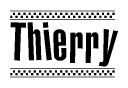 The image contains the text Thierry in a bold, stylized font, with a checkered flag pattern bordering the top and bottom of the text.