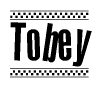 The image contains the text Tobey in a bold, stylized font, with a checkered flag pattern bordering the top and bottom of the text.