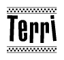 The clipart image displays the text Terri in a bold, stylized font. It is enclosed in a rectangular border with a checkerboard pattern running below and above the text, similar to a finish line in racing. 