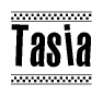 The clipart image displays the text Tasia in a bold, stylized font. It is enclosed in a rectangular border with a checkerboard pattern running below and above the text, similar to a finish line in racing. 