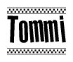 The clipart image displays the text Tommi in a bold, stylized font. It is enclosed in a rectangular border with a checkerboard pattern running below and above the text, similar to a finish line in racing. 