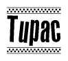The clipart image displays the text Tupac in a bold, stylized font. It is enclosed in a rectangular border with a checkerboard pattern running below and above the text, similar to a finish line in racing. 