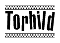The image is a black and white clipart of the text Torhild in a bold, italicized font. The text is bordered by a dotted line on the top and bottom, and there are checkered flags positioned at both ends of the text, usually associated with racing or finishing lines.
