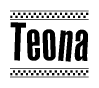 The image contains the text Teona in a bold, stylized font, with a checkered flag pattern bordering the top and bottom of the text.