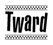 The image is a black and white clipart of the text Tward in a bold, italicized font. The text is bordered by a dotted line on the top and bottom, and there are checkered flags positioned at both ends of the text, usually associated with racing or finishing lines.