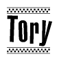 The image contains the text Tory in a bold, stylized font, with a checkered flag pattern bordering the top and bottom of the text.