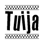 The image contains the text Tuija in a bold, stylized font, with a checkered flag pattern bordering the top and bottom of the text.