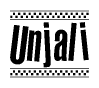 The image is a black and white clipart of the text Unjali in a bold, italicized font. The text is bordered by a dotted line on the top and bottom, and there are checkered flags positioned at both ends of the text, usually associated with racing or finishing lines.