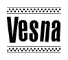 The image is a black and white clipart of the text Vesna in a bold, italicized font. The text is bordered by a dotted line on the top and bottom, and there are checkered flags positioned at both ends of the text, usually associated with racing or finishing lines.