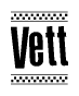 The image is a black and white clipart of the text Vett in a bold, italicized font. The text is bordered by a dotted line on the top and bottom, and there are checkered flags positioned at both ends of the text, usually associated with racing or finishing lines.