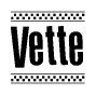 The clipart image displays the text Vette in a bold, stylized font. It is enclosed in a rectangular border with a checkerboard pattern running below and above the text, similar to a finish line in racing. 