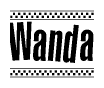 The clipart image displays the text Wanda in a bold, stylized font. It is enclosed in a rectangular border with a checkerboard pattern running below and above the text, similar to a finish line in racing. 