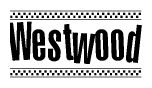 The image contains the text Westwood in a bold, stylized font, with a checkered flag pattern bordering the top and bottom of the text.