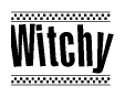 The image contains the text Witchy in a bold, stylized font, with a checkered flag pattern bordering the top and bottom of the text.