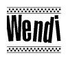 The image is a black and white clipart of the text Wendi in a bold, italicized font. The text is bordered by a dotted line on the top and bottom, and there are checkered flags positioned at both ends of the text, usually associated with racing or finishing lines.