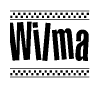 The clipart image displays the text Wilma in a bold, stylized font. It is enclosed in a rectangular border with a checkerboard pattern running below and above the text, similar to a finish line in racing. 