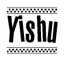 The image contains the text Yishu in a bold, stylized font, with a checkered flag pattern bordering the top and bottom of the text.