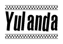 The image is a black and white clipart of the text Yulanda in a bold, italicized font. The text is bordered by a dotted line on the top and bottom, and there are checkered flags positioned at both ends of the text, usually associated with racing or finishing lines.