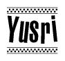 The image is a black and white clipart of the text Yusri in a bold, italicized font. The text is bordered by a dotted line on the top and bottom, and there are checkered flags positioned at both ends of the text, usually associated with racing or finishing lines.
