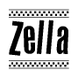 The image contains the text Zella in a bold, stylized font, with a checkered flag pattern bordering the top and bottom of the text.