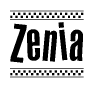 The clipart image displays the text Zenia in a bold, stylized font. It is enclosed in a rectangular border with a checkerboard pattern running below and above the text, similar to a finish line in racing. 