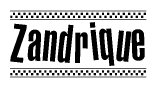 The clipart image displays the text Zandrique in a bold, stylized font. It is enclosed in a rectangular border with a checkerboard pattern running below and above the text, similar to a finish line in racing. 