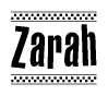 The clipart image displays the text Zarah in a bold, stylized font. It is enclosed in a rectangular border with a checkerboard pattern running below and above the text, similar to a finish line in racing. 