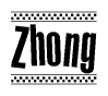 The clipart image displays the text Zhong in a bold, stylized font. It is enclosed in a rectangular border with a checkerboard pattern running below and above the text, similar to a finish line in racing. 