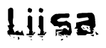 This nametag says Liisa, and has a static looking effect at the bottom of the words. The words are in a stylized font.