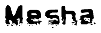 This nametag says Mesha, and has a static looking effect at the bottom of the words. The words are in a stylized font.