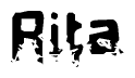 This nametag says Rita, and has a static looking effect at the bottom of the words. The words are in a stylized font.