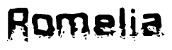 This nametag says Romelia, and has a static looking effect at the bottom of the words. The words are in a stylized font.