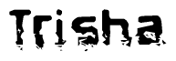 This nametag says Trisha, and has a static looking effect at the bottom of the words. The words are in a stylized font.