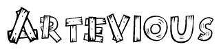 The image contains the name Artevious written in a decorative, stylized font with a hand-drawn appearance. The lines are made up of what appears to be planks of wood, which are nailed together