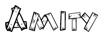 The image contains the name Amity written in a decorative, stylized font with a hand-drawn appearance. The lines are made up of what appears to be planks of wood, which are nailed together