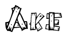 The image contains the name Ake written in a decorative, stylized font with a hand-drawn appearance. The lines are made up of what appears to be planks of wood, which are nailed together