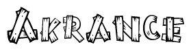 The image contains the name Akrance written in a decorative, stylized font with a hand-drawn appearance. The lines are made up of what appears to be planks of wood, which are nailed together