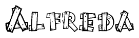 The image contains the name Alfreda written in a decorative, stylized font with a hand-drawn appearance. The lines are made up of what appears to be planks of wood, which are nailed together
