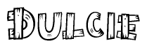 The clipart image shows the name Dulcie stylized to look as if it has been constructed out of wooden planks or logs. Each letter is designed to resemble pieces of wood.