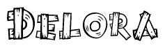 The image contains the name Delora written in a decorative, stylized font with a hand-drawn appearance. The lines are made up of what appears to be planks of wood, which are nailed together