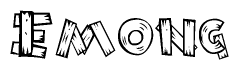 The image contains the name Emong written in a decorative, stylized font with a hand-drawn appearance. The lines are made up of what appears to be planks of wood, which are nailed together
