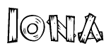 The image contains the name Iona written in a decorative, stylized font with a hand-drawn appearance. The lines are made up of what appears to be planks of wood, which are nailed together
