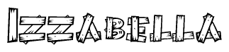 The image contains the name Izzabella written in a decorative, stylized font with a hand-drawn appearance. The lines are made up of what appears to be planks of wood, which are nailed together