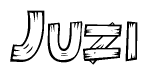 The image contains the name Juzi written in a decorative, stylized font with a hand-drawn appearance. The lines are made up of what appears to be planks of wood, which are nailed together