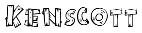 The image contains the name Kenscott written in a decorative, stylized font with a hand-drawn appearance. The lines are made up of what appears to be planks of wood, which are nailed together