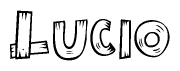 The clipart image shows the name Lucio stylized to look as if it has been constructed out of wooden planks or logs. Each letter is designed to resemble pieces of wood.