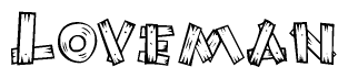 The clipart image shows the name Loveman stylized to look as if it has been constructed out of wooden planks or logs. Each letter is designed to resemble pieces of wood.