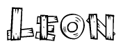 The image contains the name Leon written in a decorative, stylized font with a hand-drawn appearance. The lines are made up of what appears to be planks of wood, which are nailed together